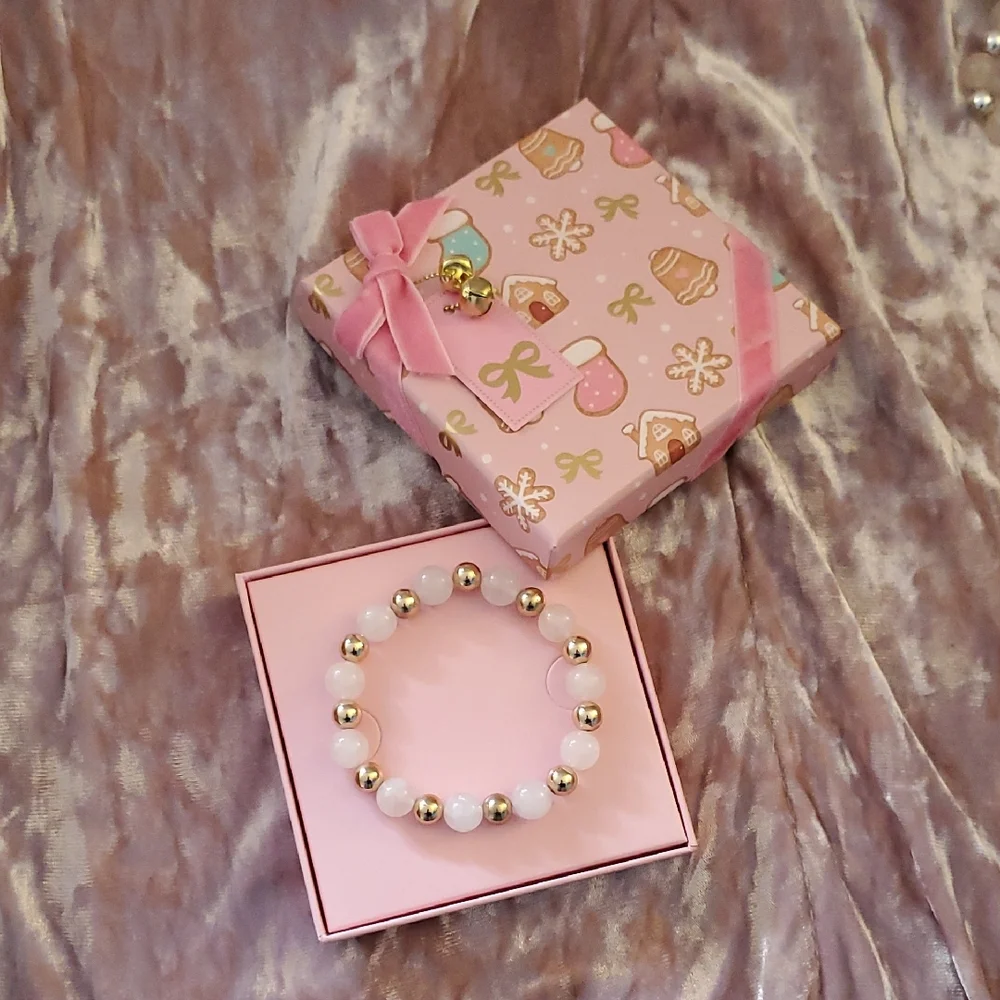 ROSE QUARTZ & Gold Bead Handmade Healing Stretch Bracelet Christmas Gift In Box - Picture 1 of 8